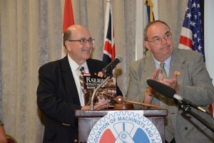 IAM Canadian GVP Dave Ritchie presented IAM International President Tom Buffenbarger with book ' Railways in Stratford' by Dean Robertson